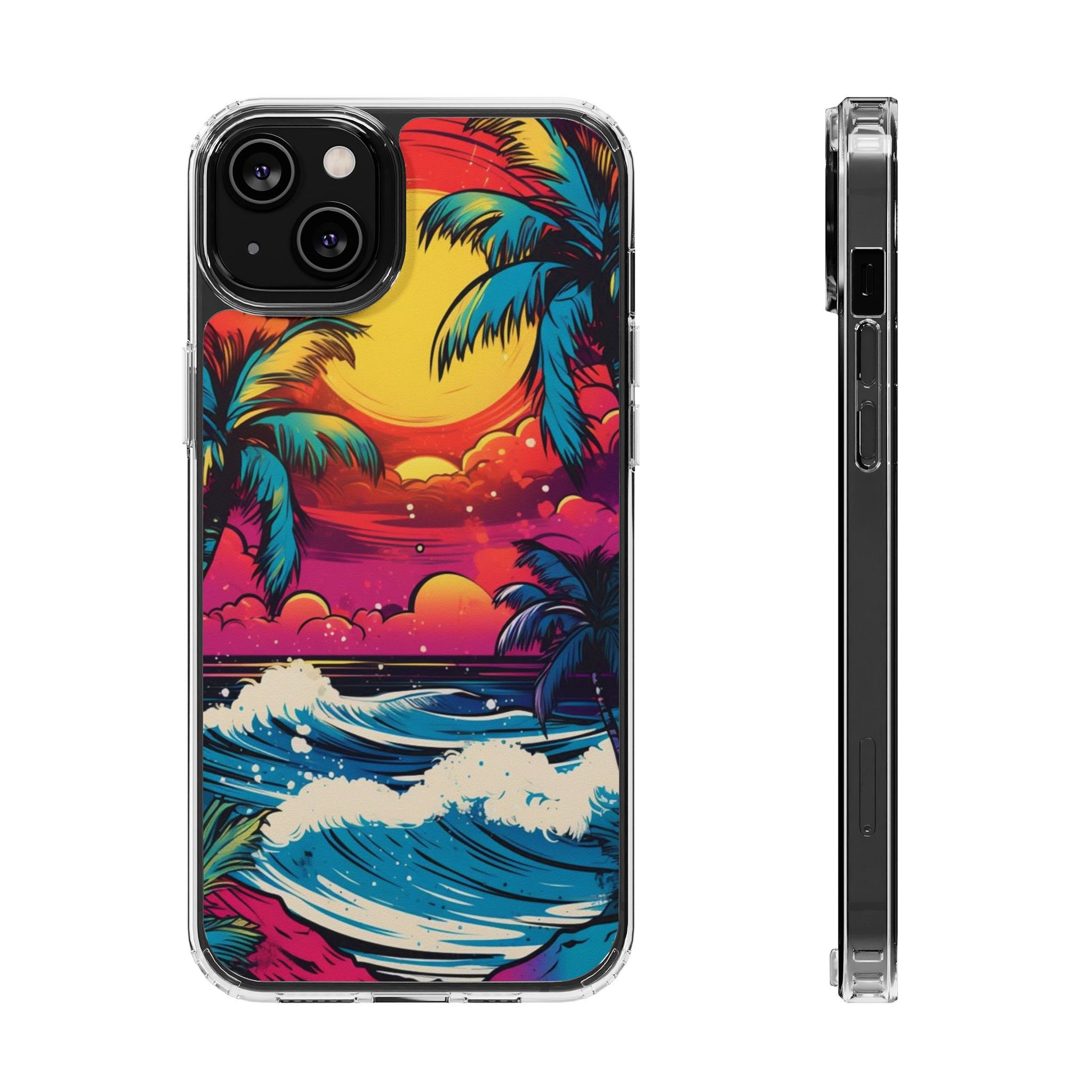 Phone Case, Artist Neon Beach Theme, Iphone Samsung, Tropical Palm, Clear