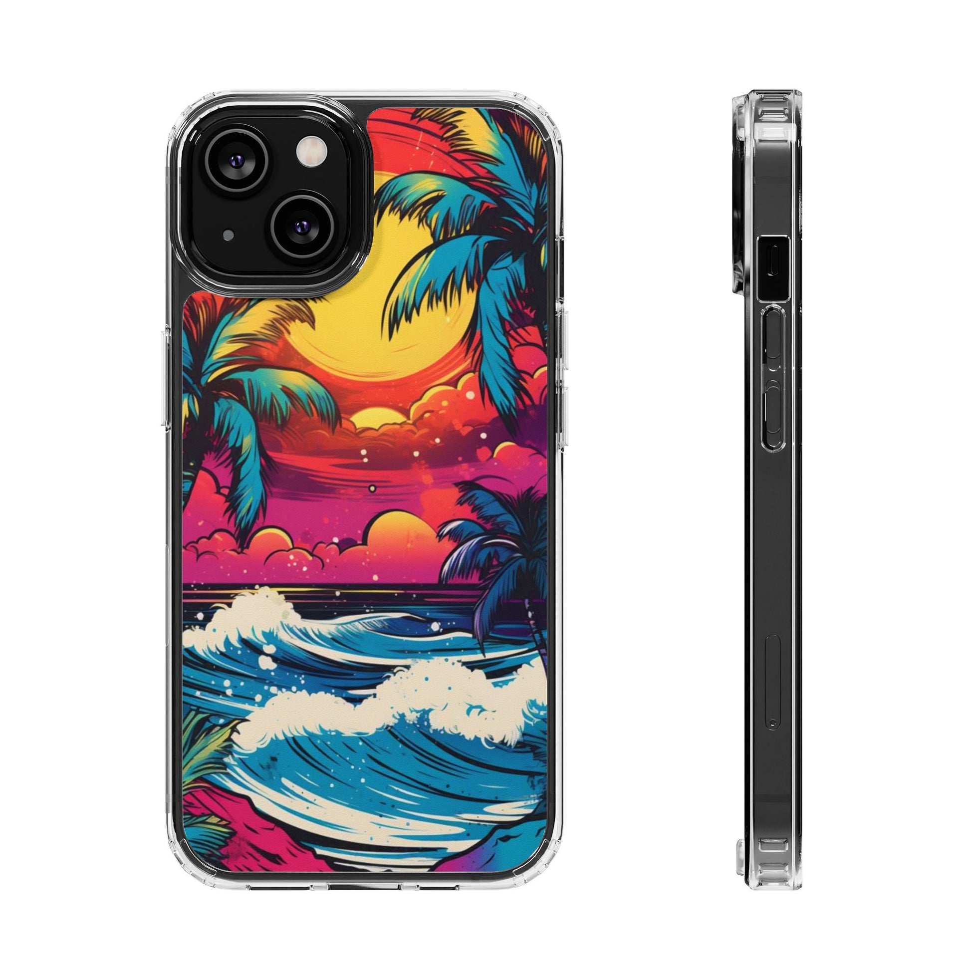 Phone Case, Artist Neon Beach Theme, Iphone Samsung, Tropical Palm, Clear
