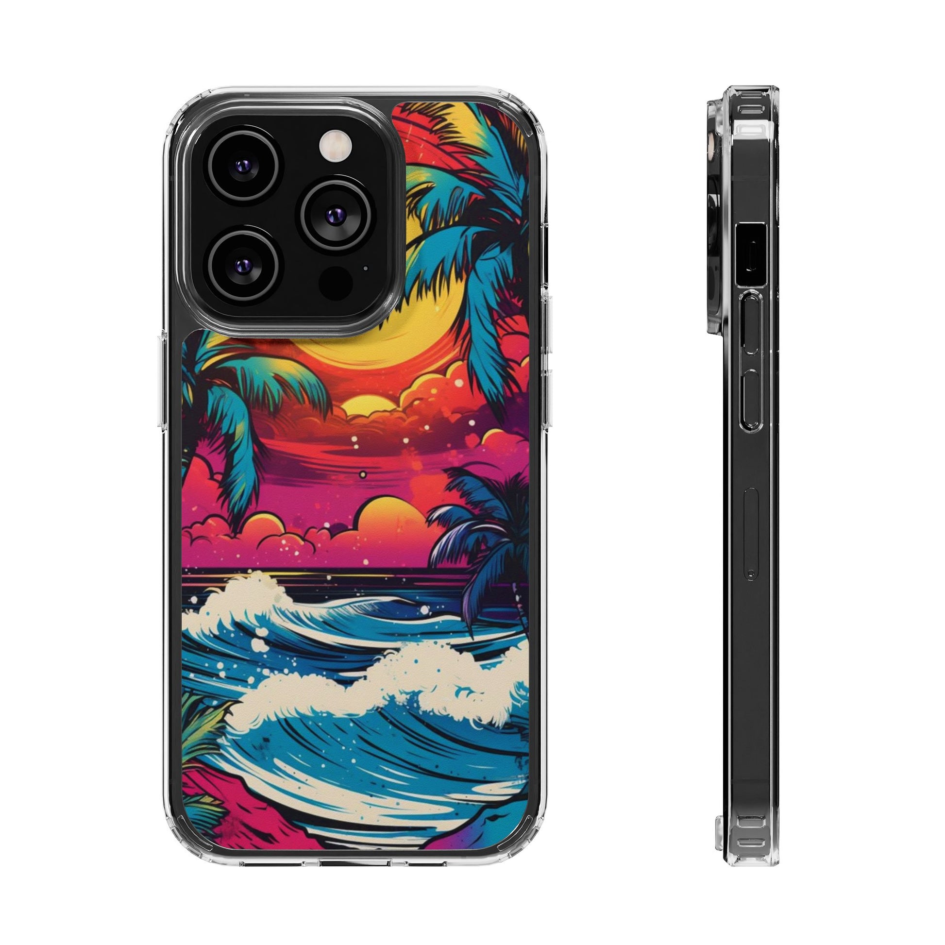 Phone Case, Artist Neon Beach Theme, Iphone Samsung, Tropical Palm, Clear