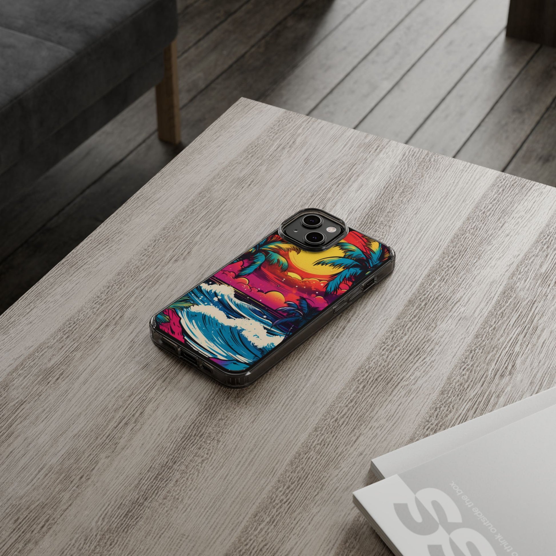 Phone Case, Artist Neon Beach Theme, Iphone Samsung, Tropical Palm, Clear