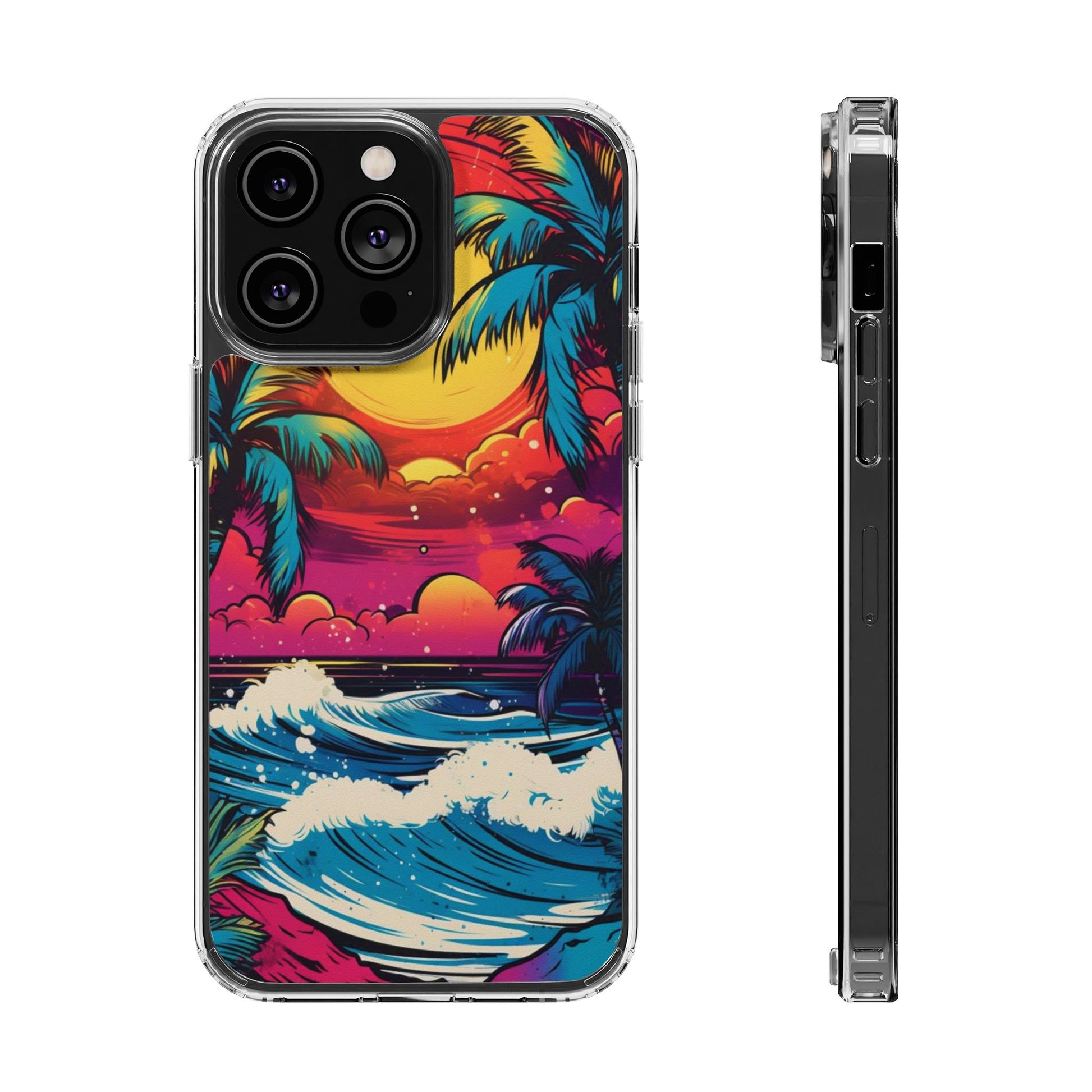 Phone Case, Artist Neon Beach Theme, Iphone Samsung, Tropical Palm, Clear