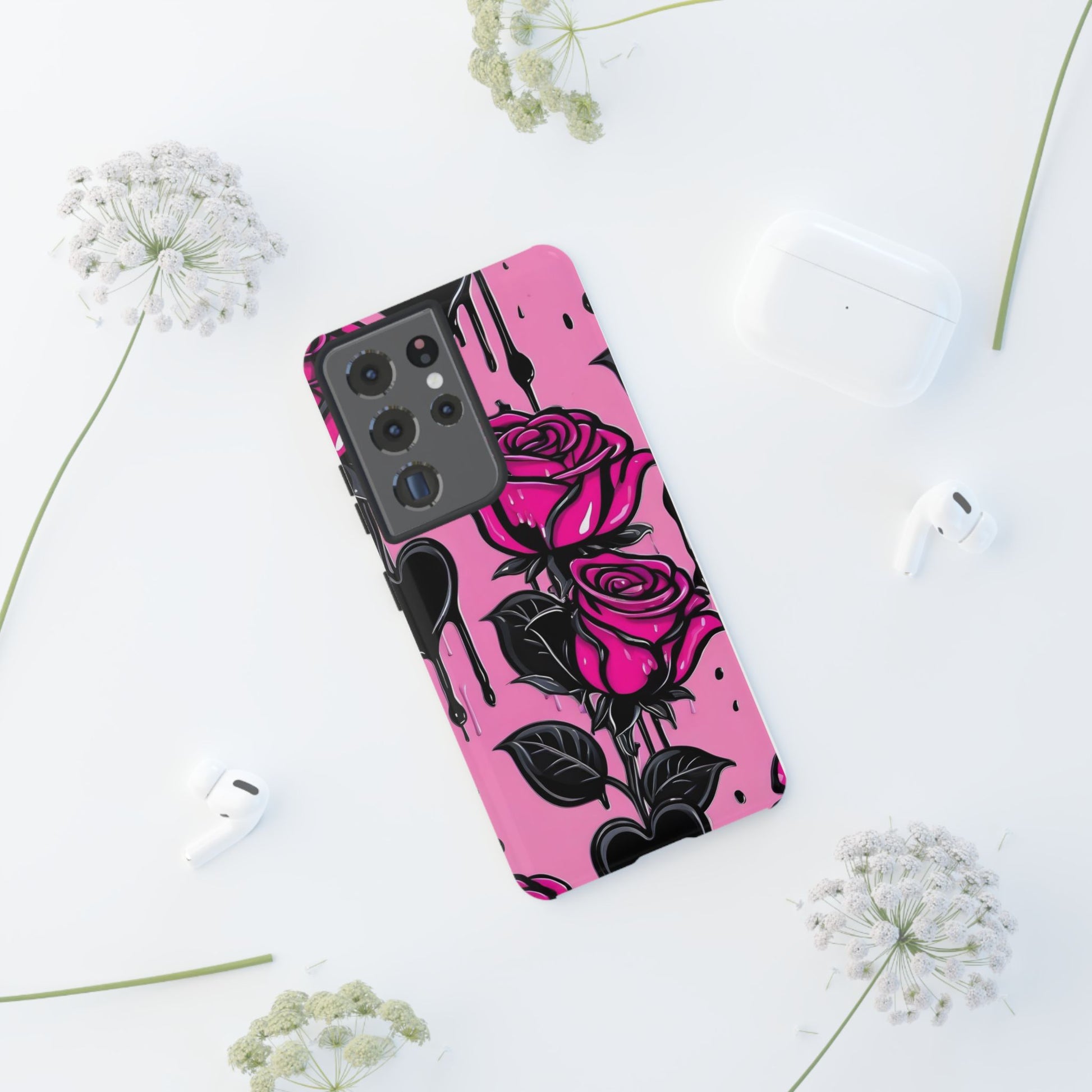 Pink Rose Tough Girly Cases for iPhones, Samsung, and Pixel