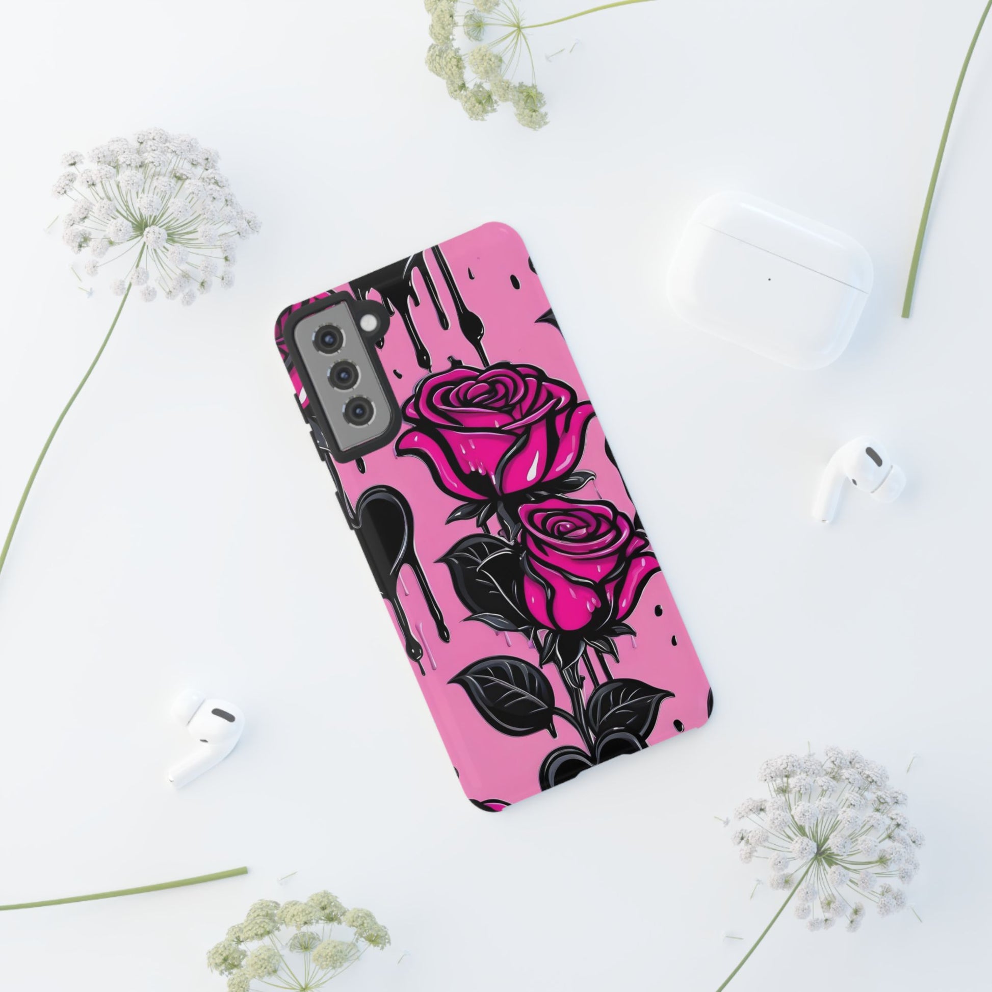 Pink Rose Tough Girly Cases for iPhones, Samsung, and Pixel