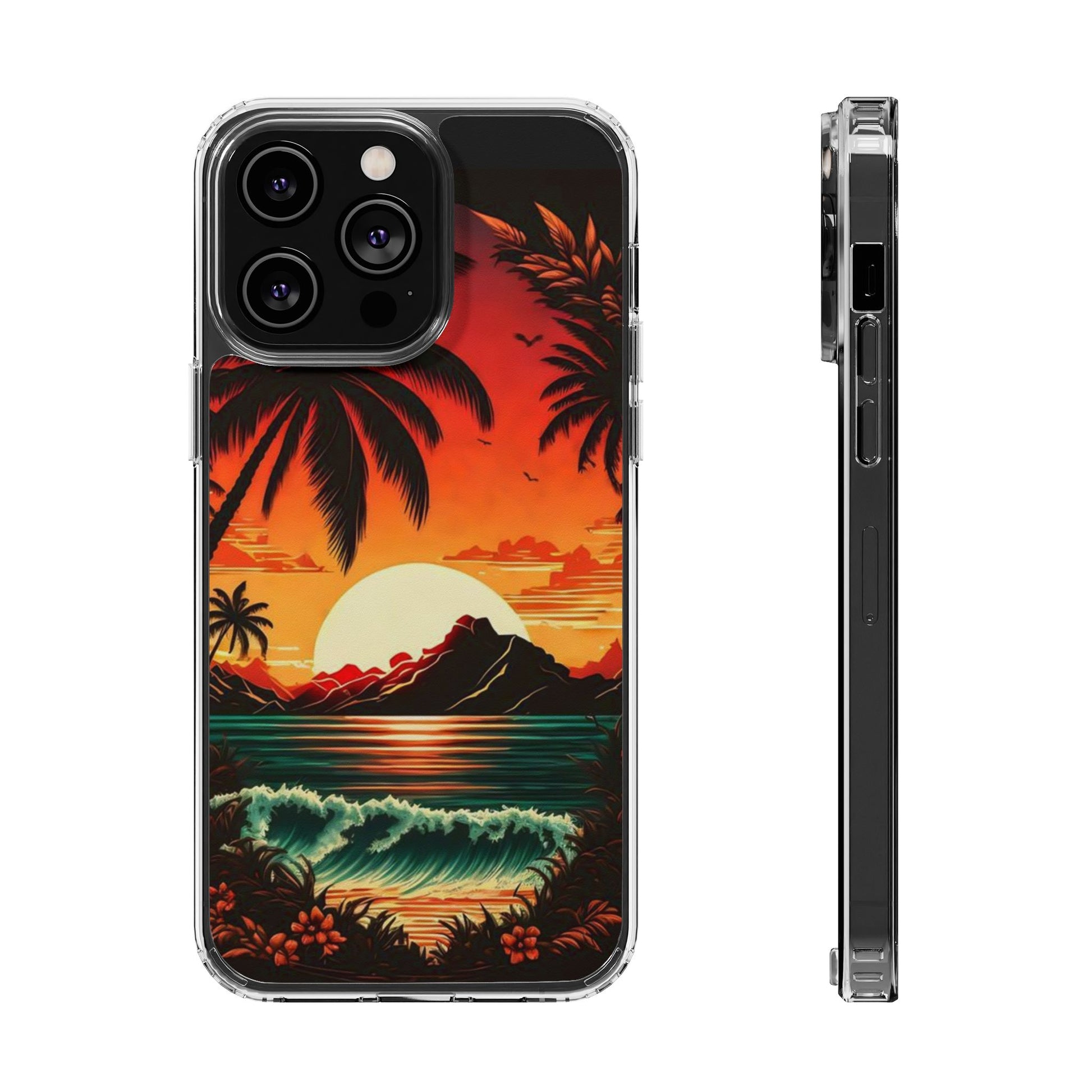 Phone Case, Sunset Beach Waves Themed iPhone Samsung Clear Case Cover, Ocean
